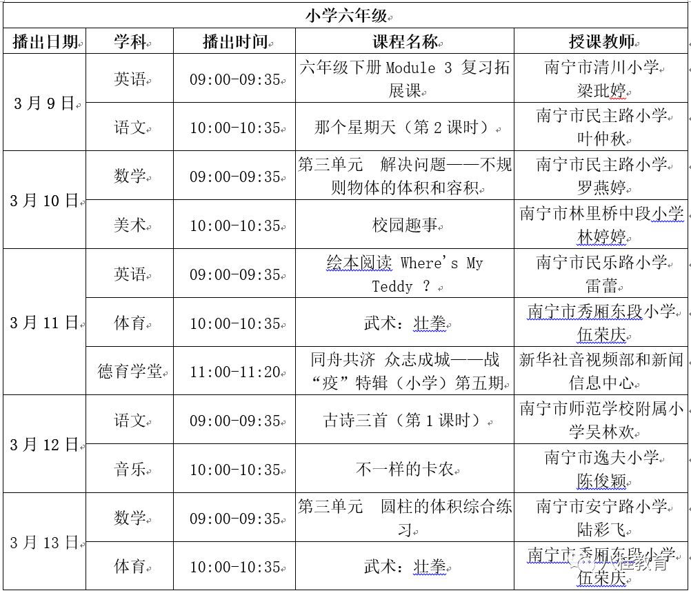 广西中小学“空中课堂”课表（3.9—3.13）