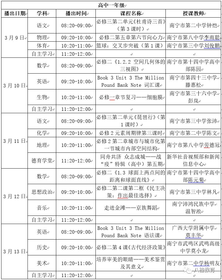 广西中小学“空中课堂”课表（3.9—3.13）